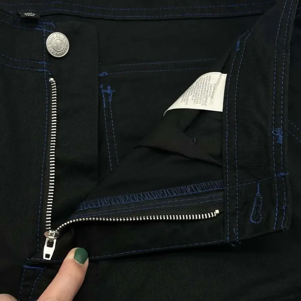 True Religion Size 34 Jet Black Pacific Blue Stitch Flap Baggy Cargo Pants NWT